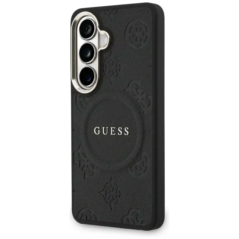 Guess Saffiano Peony Embossed Ring MagSafe Case voor Samsung Galaxy S26 zwart