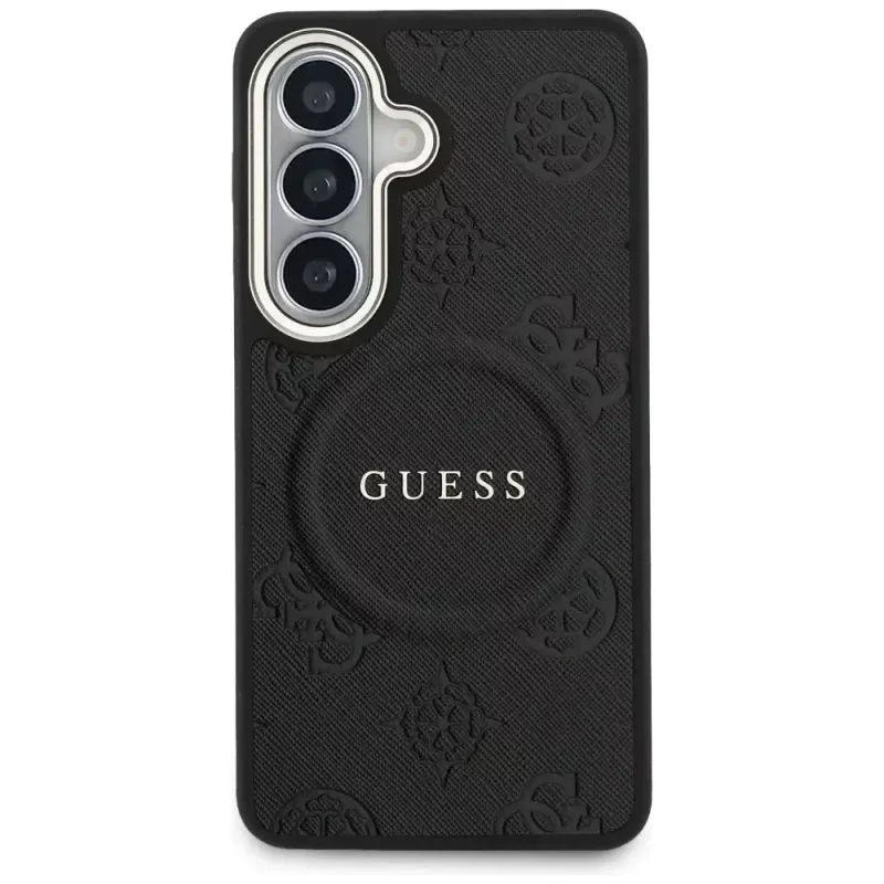 Guess Saffiano Peony Embossed Ring MagSafe Case voor Samsung Galaxy S26 zwart