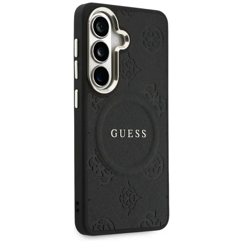 Guess Saffiano Peony Embossed Ring MagSafe Case voor Samsung Galaxy S26 zwart