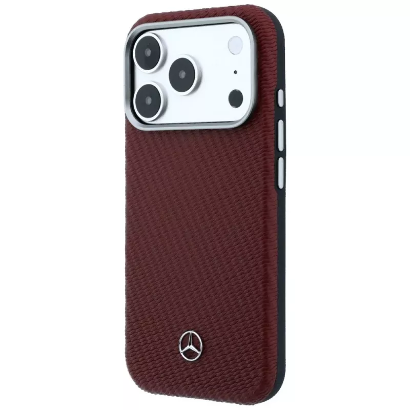 Mercedes Leder Semi Wrap Wood Effect MagSafe Case voor iPhone 17 Pro Max rood