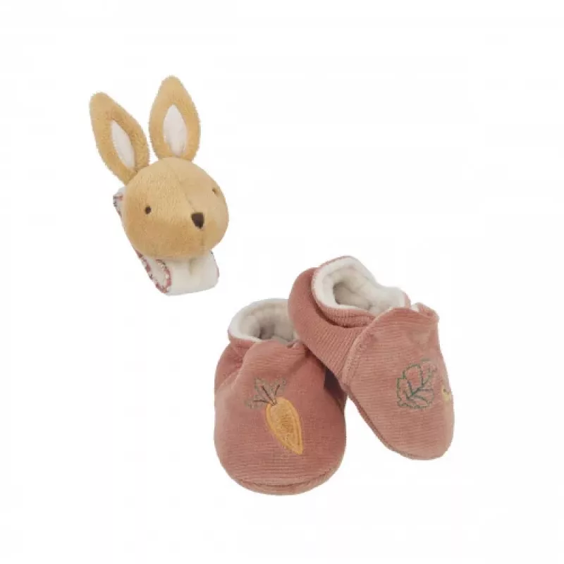 Kaloo 2-in-1 cadeauset konijn (rammelaar + booties) Petites Chansons collectie