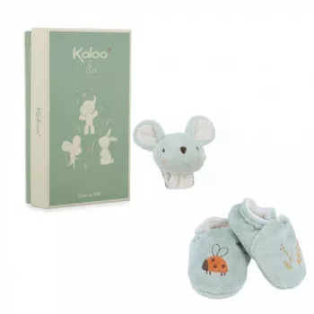 Kaloo 2-in-1 cadeauset muis (rammelaar + booties) Petites Chansons collectie
