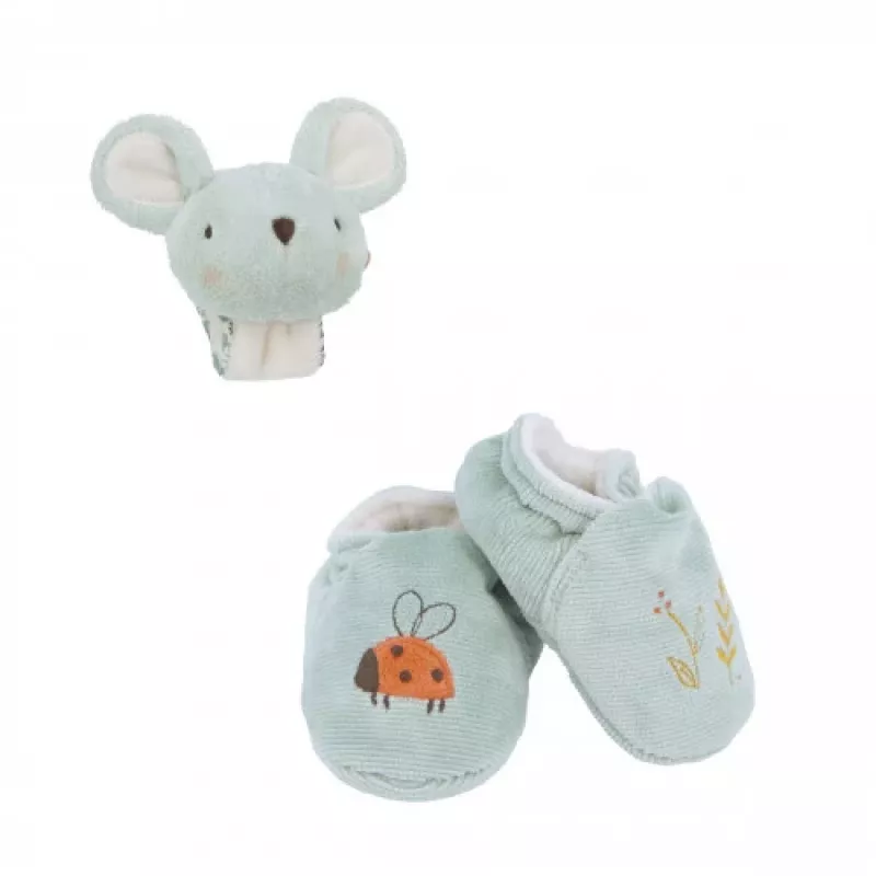 Kaloo 2-in-1 cadeauset muis (rammelaar + booties) Petites Chansons collectie