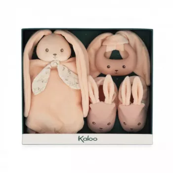 Kaloo 3-in-1 baby cadeauset konijn (knuffeldoekje + bijtring + booties) perzik Lapinoo