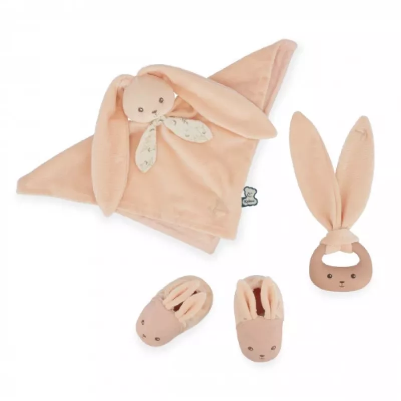 Kaloo 3-in-1 baby cadeauset konijn (knuffeldoekje + bijtring + booties) perzik Lapinoo