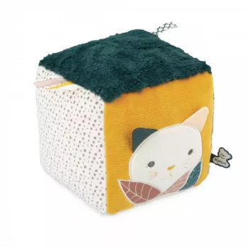 Kaloo Stimuli Sensory Activity Cube - meerkleurige stoffen kubus voor baby's met rammelaar, knisterpapier, spiegel en bijtring