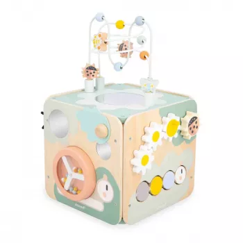Janod Sweet Cocoon multi-activiteitenkubus met kralendoolhof, vormensorteerder, abacus, tandwielen, schuifelementen, draaiblokken, stapelspel - FSC-gecertificeerd hout, pastelkleuren, leeftijd 18 maanden tot 3 jaar