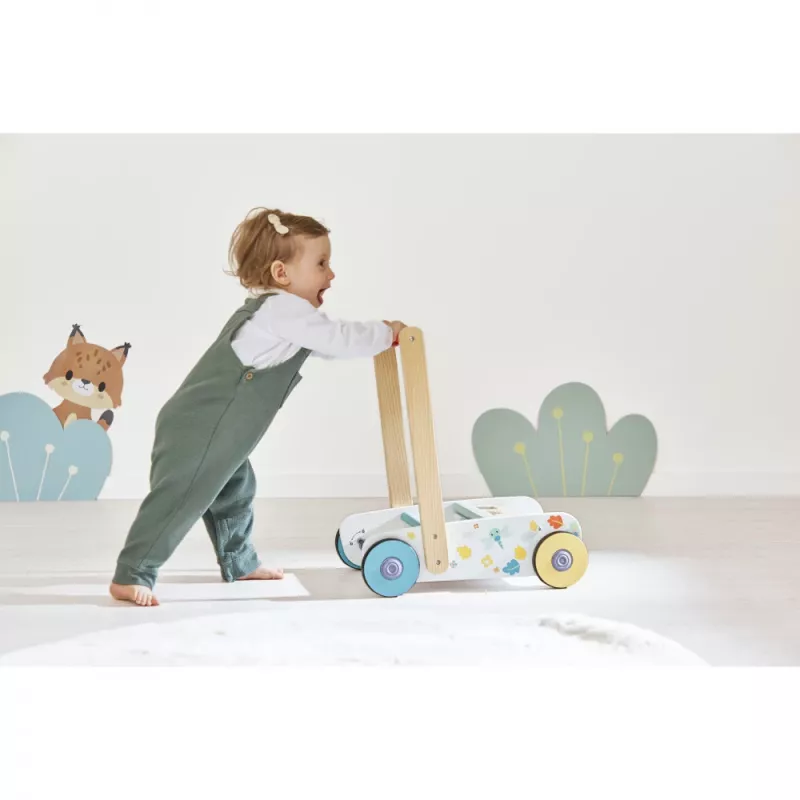 Janod Pure schuif-loopwagen met bouwstenen en vormensorteerder, 12 m+