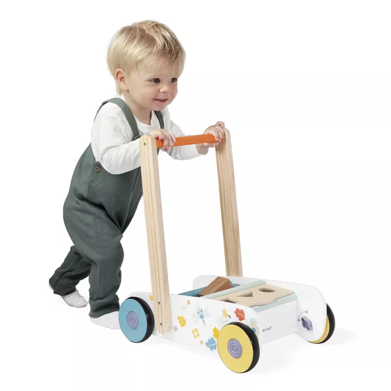 Janod Pure schuif-loopwagen met bouwstenen en vormensorteerder, 12 m+