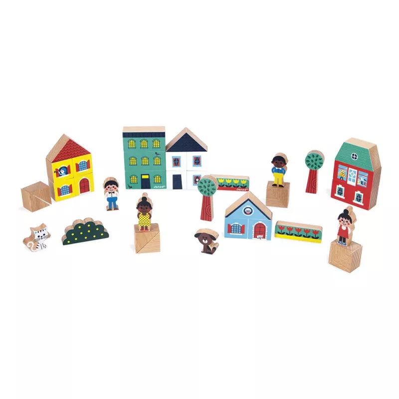 Janod Bouwstenen en Figuren Set 36 stuks Stad Kruispunt 2+