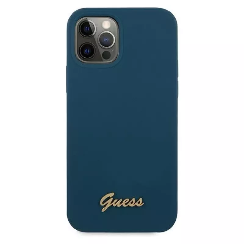 Guess GUHCP12LLSLMGBL Metal Logo Script hard case voor Apple iPhone 12 Pro Max, blauw