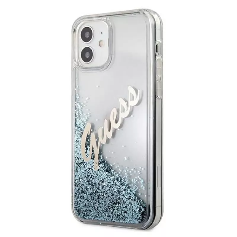 Guess Glitter Vintage Script hard case voor Apple iPhone 12 mini - blauw