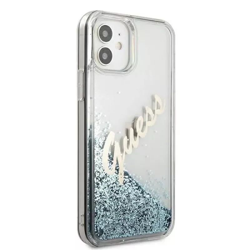 Guess Glitter Vintage Script hard case voor Apple iPhone 12 mini - blauw