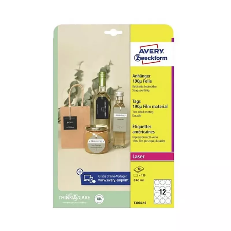 Avery Zweckform T3004-10 niet-hechtende ronde etiketten, polyester, wit, 60 mm, 120 etiketten