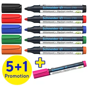 Schneider Maxx 290 whiteboard- en flipchartmarkerset, 6 stuks, verschillende kleuren, 2,0 - 3,0 mm
