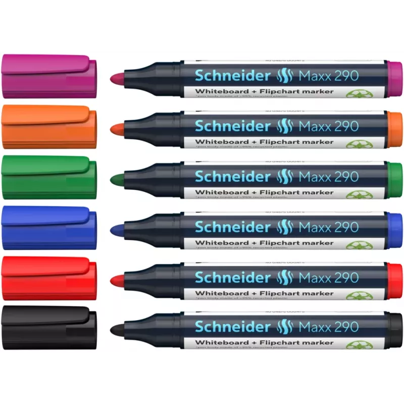 Schneider Maxx 290 whiteboard- en flipchartmarkerset, 6 stuks, verschillende kleuren, 2,0 - 3,0 mm