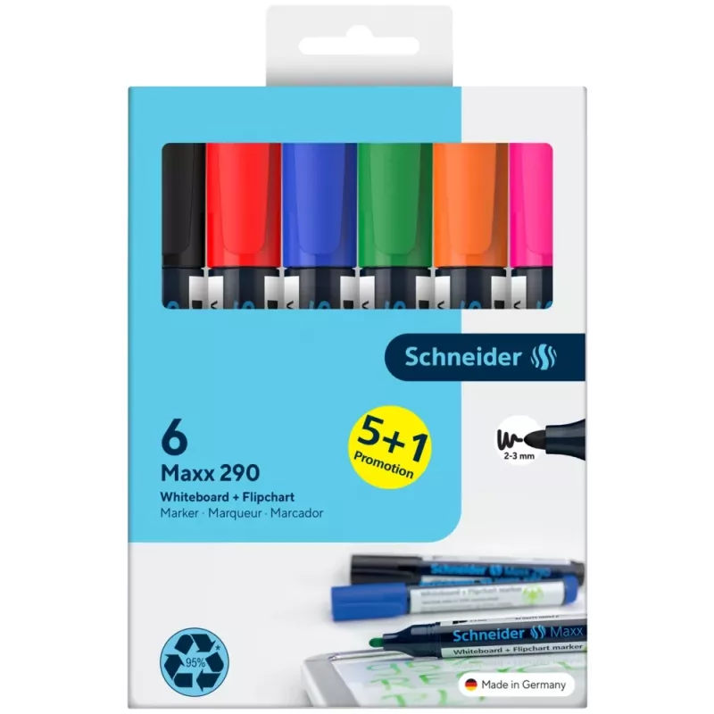 Schneider Maxx 290 whiteboard- en flipchartmarkerset, 6 stuks, verschillende kleuren, 2,0 - 3,0 mm