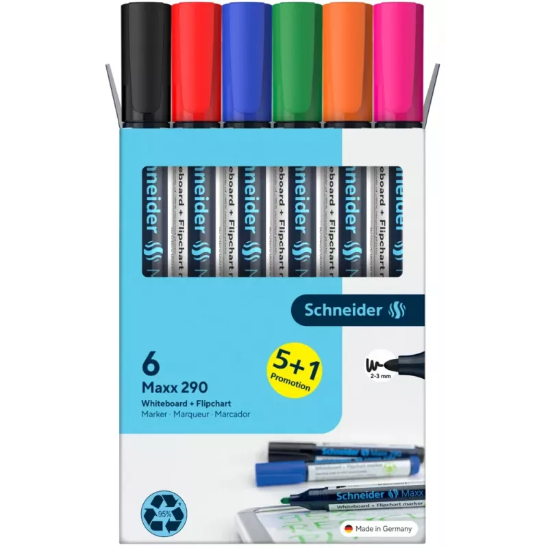Schneider Maxx 290 whiteboard- en flipchartmarkerset, 6 stuks, verschillende kleuren, 2,0 - 3,0 mm