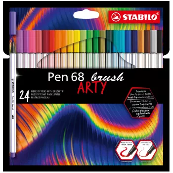 STABILO Pen 68 Brush ARTY Edition 24-delige kartonnen etui - flexibele penseelpunt vezelstiften voor handlettering, bullet journaling en illustratie