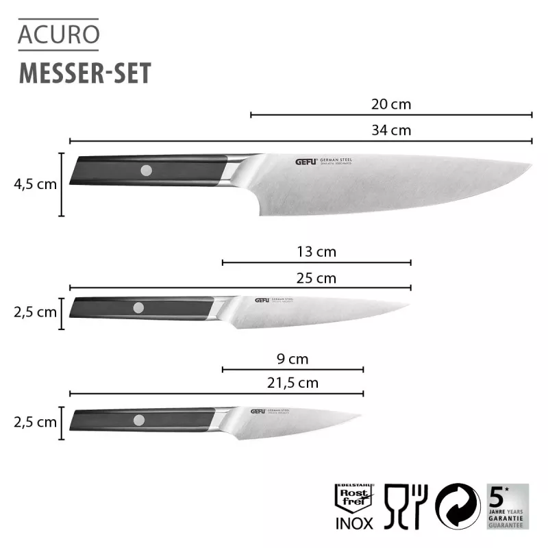 GEFU ACURO 3-delige messenset - koksmes, universeel mes en schilmes