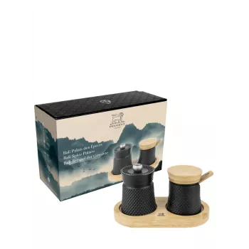 Peugeot Bali Fonte zout- en pepermolenset met houten dienblad, 8 cm, zwart