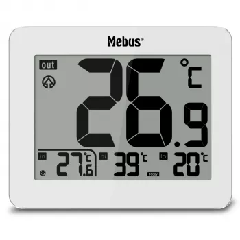 MEBUS 1074 digitale thermometer met binnen- en buitentemperatuur, LCD-display, wandmontage, wit