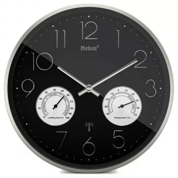 MEBUS 12988 radiografische wandklok met thermo-hygrometer - zilver/grijze rand, witte wijzerplaat, analoge tijdaanduiding, digitale temperatuur & luchtvochtigheid, DCF77 radiografisch