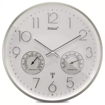 MEBUS 12989 radiografische wandklok met thermo-hygrometer, zilveren rand, witte wijzerplaat, DCF77