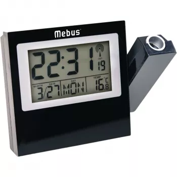 MEBUS 42424 projectiewekker met radiografische besturing DCF77, rode LED-projectie, LCD-display, dual-alarm, binnentemperatuur, blauwe achtergrondverlichting, zwart