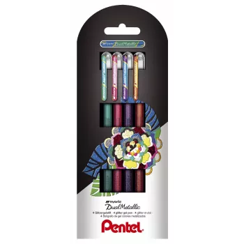 Pentel Dual Metallic gelpen set - 4 kleuren (groen, oranje, roze, violet) - 0,5 mm fijne punt - kunststof behuizing - blisterverpakking