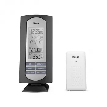 MEBUS 11146 weerstation met buitensensor, LCD-display, DCF77-radio-klok, temperatuur- en luchtvochtigheidsmonitor, weersverwachting, maanfase, wekker, sluimerfunctie, achtergrondverlichting, wandmontage, zwart