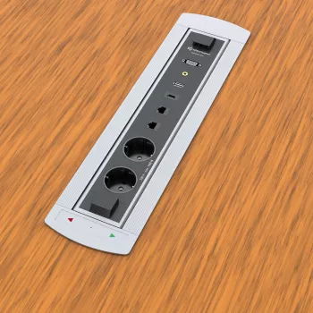 Kindermann CablePort Turn tafel-inbouwdoos met 2 Schuko-stopcontacten, 2 RJ45 CAT6, 2 HDMI, 1 USB-A 3.0, 360° draaibaar, zilver/zwart