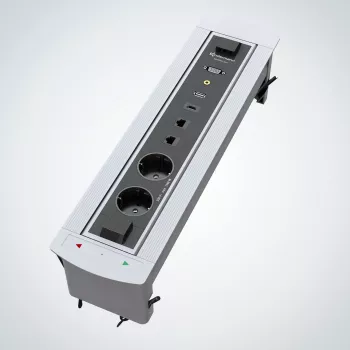 Kindermann CablePort Turn tafel-inbouwdoos met 2 Schuko-stopcontacten, 2 RJ45 CAT6, 2 HDMI, 1 USB-A 3.0, 360° draaibaar, zilver/zwart