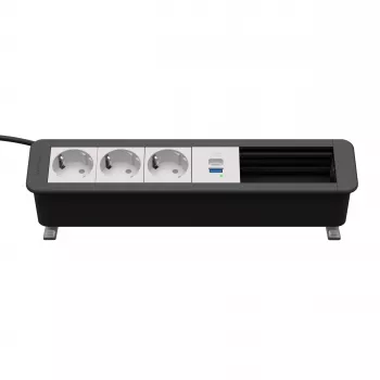 Kindermann CP Office Desk stroom- en connectiviteitseenheid, 6 slots, 3x Schuko-stopcontacten, 1x USB-C PD 60W, 3m kabel, zilver