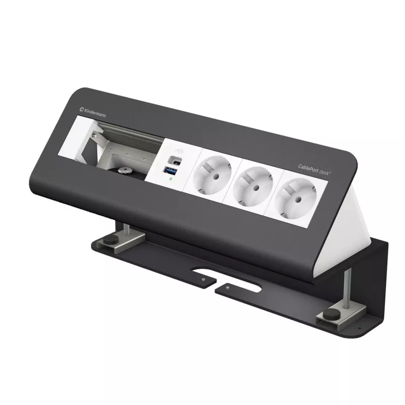 Kindermann CablePort desk 6-voudig 3x Schuko 2x USB-A bureau-aansluitmodule zilver/zwart