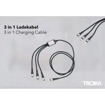 TROIKA DREIZACK PRO snellaadkabel - 3-in-1 multiconnector oplaadkabel met sleutelhangerlus - grijs