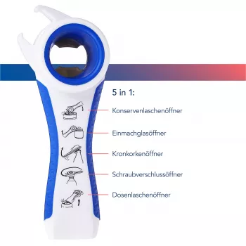 First Aid Only 5-in-1 multi-opener voor flessen en blikken, wit/blauw, vermindert krachtinspanning
