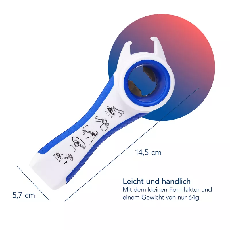 First Aid Only 5-in-1 multi-opener voor flessen en blikken, wit/blauw, vermindert krachtinspanning