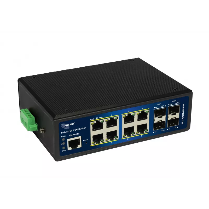 ALLNET ALL-SGI8112PM-BT Industrial Full Managed Layer2+ Gigabit Ethernet PoE++ switch, 12-poorts, 8x PoE++ (240W budget)