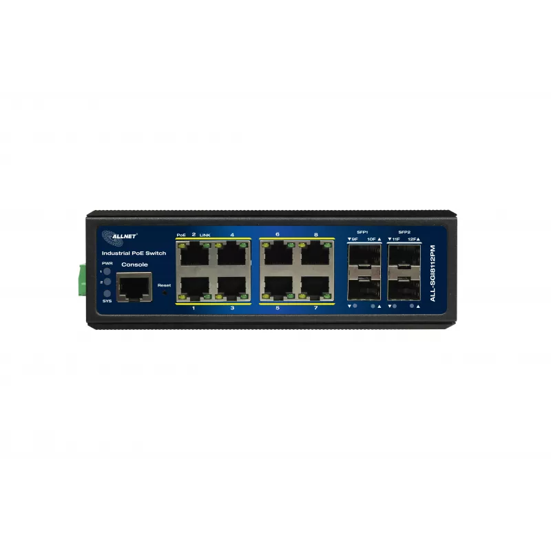 ALLNET ALL-SGI8112PM-BT Industrial Full Managed Layer2+ Gigabit Ethernet PoE++ switch, 12-poorts, 8x PoE++ (240W budget)