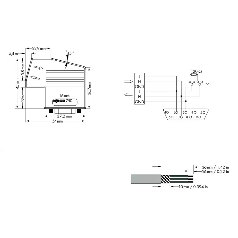 WAGO 750-963 D-sub-aansluitmodule, 9-polig bus, grijs, IP20, voor WAGO I/O System 750