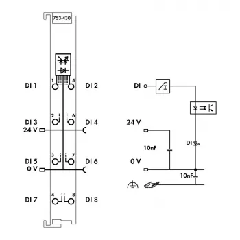 WAGO 753-430 - 8-kanaals digitaal ingangsmodule, 24 VDC, 5 kV isolatie, CAGE CLAMP, DIN-rail