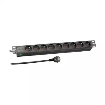 EFB Elektronik EK631FR.1 19 inch 1U rackmontage stekkerdoos, 9 x Frans/UTE stopcontacten, CEE 7/7 stekker, 1,8m kabel, 16A, 230V, zwart