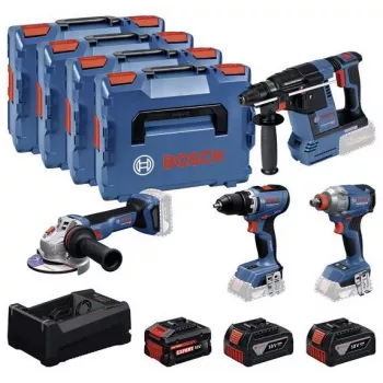 BOSCH POWERTOOLS comboset 18V accu-boorhamerschroefmachine, slagschroevendraaier, boorhamer, haakse slijper (4-delige set)