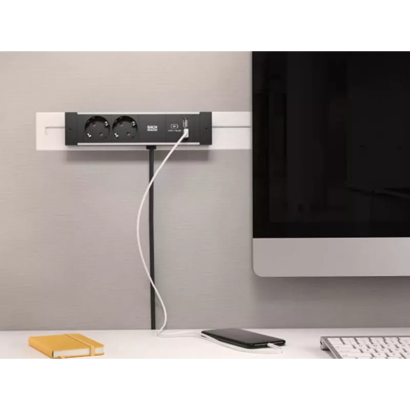 Bachmann DESK Rail stekkerdoos met 2 Schuko-stopcontacten en 2 USB-laadaansluitingen, 2m kabel, zilver/zwart