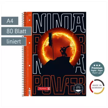 BRUNNEN College Block Ninja Power liniatuur 27 gelijnd DIN A4 binnenmarge, 80 vel, spiraalgebonden, 4-gaats geperforeerd, geperforeerd, 70 g/m², wit