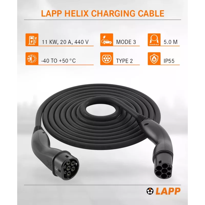 LAPP MOBILITY HELIX Type 2 zelfoprollende laadkabel voor elektrische voertuigen 11 kW 5m zwart