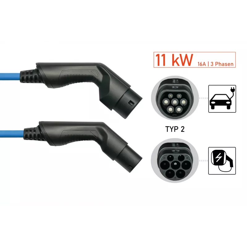 kabelmeister® EV-laadkabel Mode 3, Type 2 stekker naar koppeling, 3-fasig, 16 A, 11 kW, blauw, 5 m