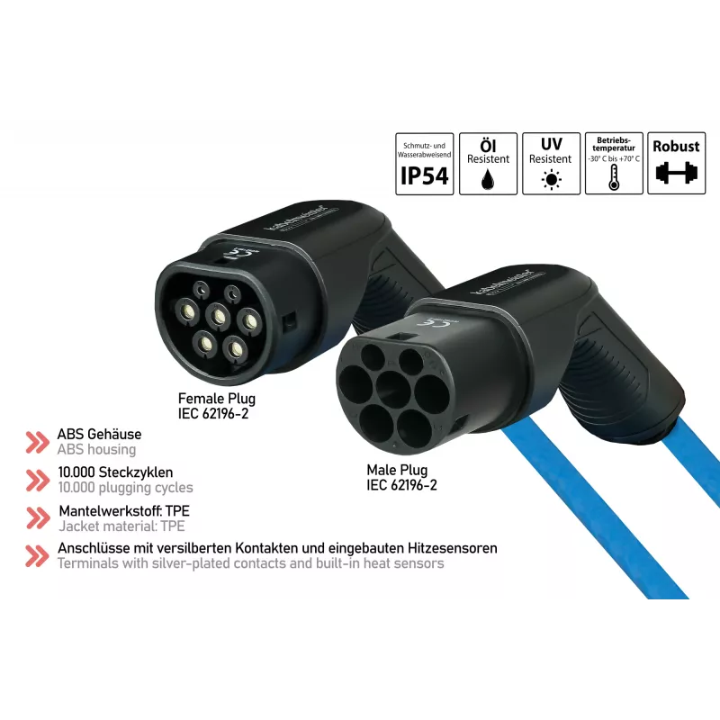 kabelmeister® EV-laadkabel Mode 3, Type 2 stekker naar koppeling, 3-fasig, 16 A, 11 kW, blauw, 5 m