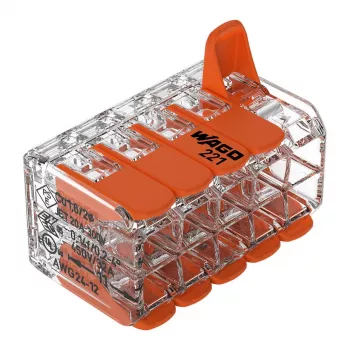 WAGO 221-420 compacte lasverbinder met hendels, 10-aderig, 0,2-4 mm², transparante behuizing, oranje hendel, 10-pack